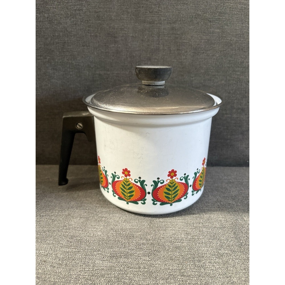 Vintage 1970s Flower Power Enamelware 5" X 6.5" Saucepan Lid Groovy Retro Hippie
